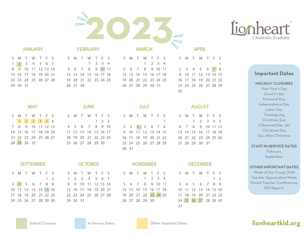 The Lionheart Academy 2023 calendar in green color theme 