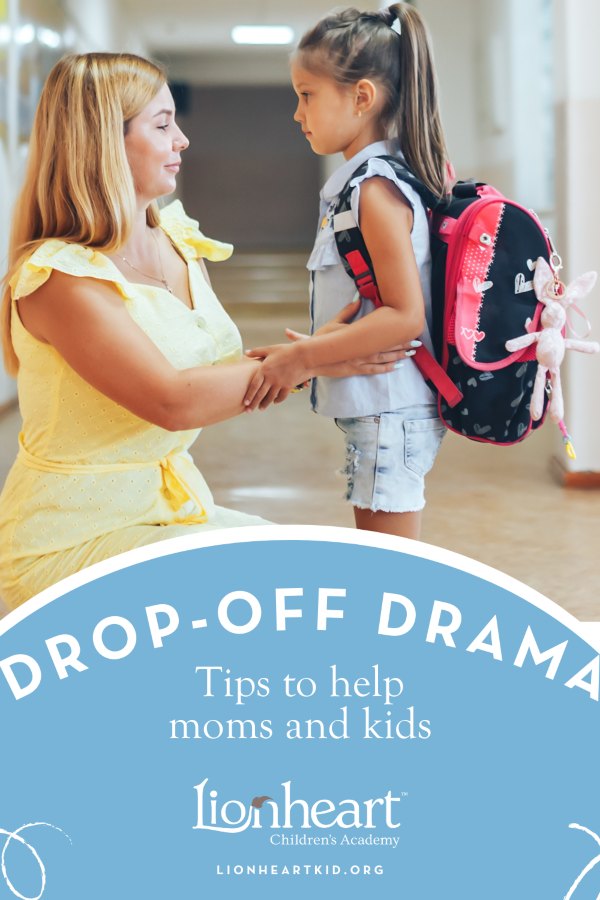 Mother dropping off child in school hallway

