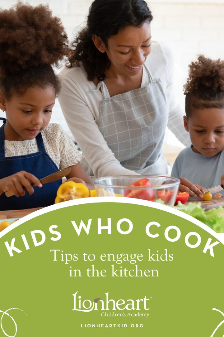 Mother teaching her two young daughters how to cut peppers