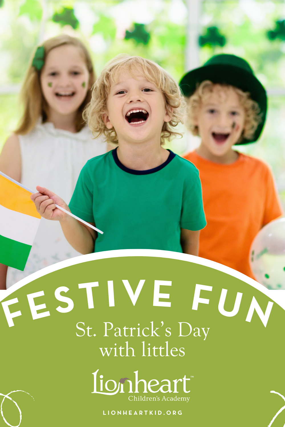 Image of three kids dressed in green in front of a shamrock garland and with an Irish flag to celebrate St. Patrick's Day!