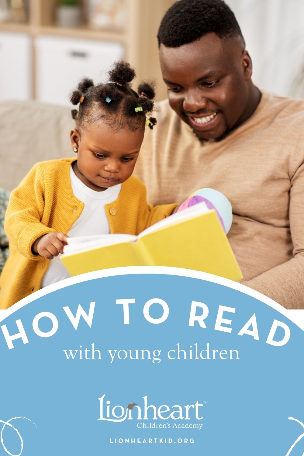 A father reads with his toddler daughter on top of an image promoting a blog on reading with young children