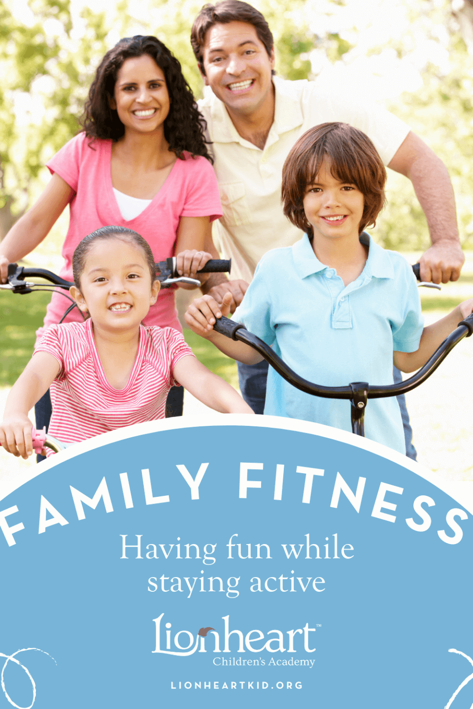 Family riding bikes together on sunny day in Texas