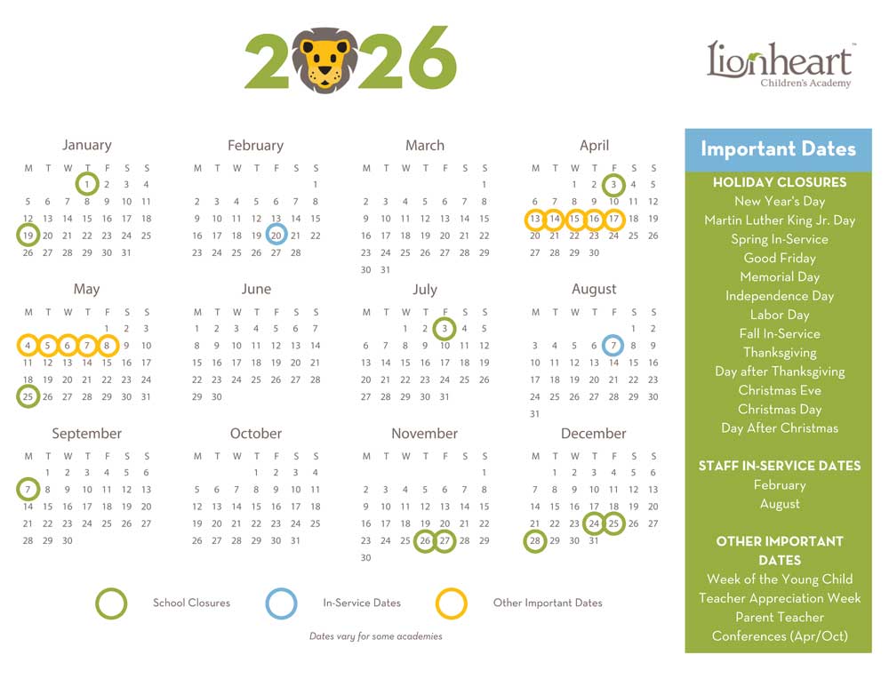 Lionheart Children's Academy 2026 academic calendar 
